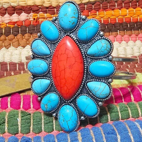 Silver Cuff Southwestern Style Bracelet. Turquoise and Red Faux Stones. NWT. - Picture 2 of 9